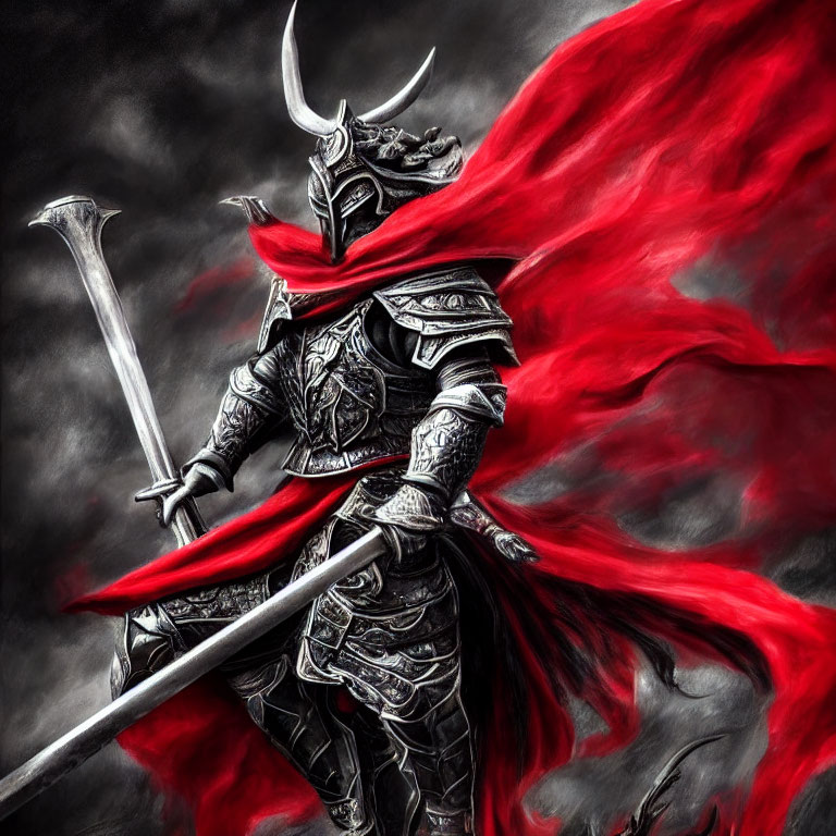 Warrior in ornate armor with sword and red cape in dramatic setting