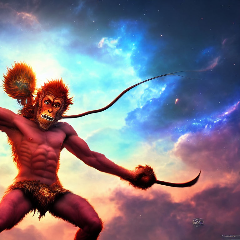 Colorful mythical ape-like creature with whip in cosmic scene