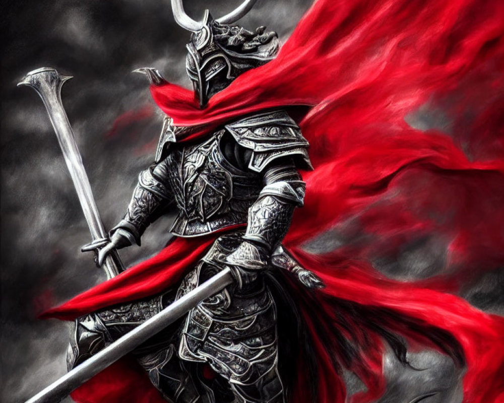 Warrior in ornate armor with sword and red cape in dramatic setting