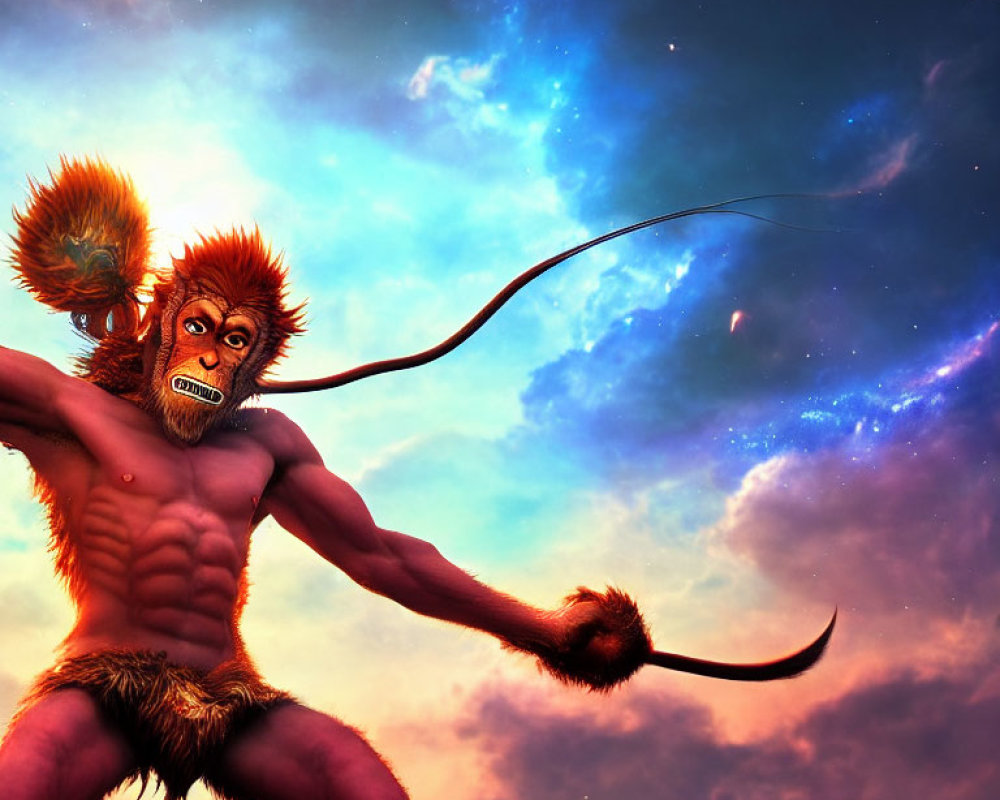 Colorful mythical ape-like creature with whip in cosmic scene