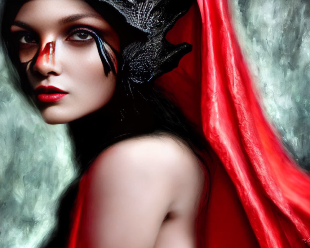 Woman with Striking Makeup and Dark Headpiece in Red Cloak Against Misty Backdrop