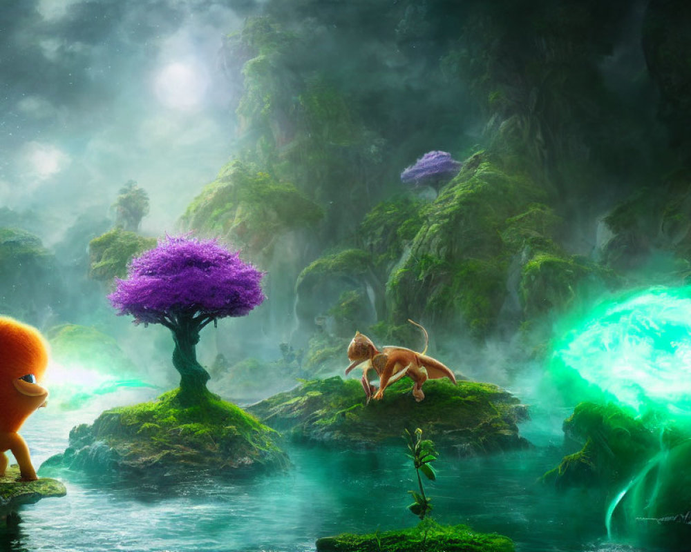 Fantasy landscape with lush greenery, mist, glowing lights, orange creature, lion cub