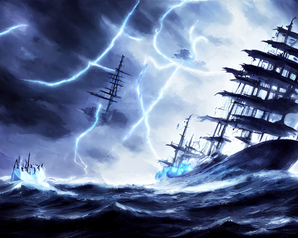 Stormy Ocean Scene with Ships and Lightning in Dark Clouds