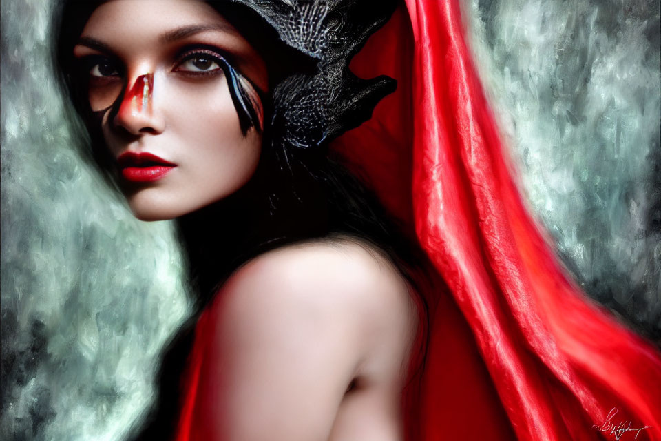 Woman with Striking Makeup and Dark Headpiece in Red Cloak Against Misty Backdrop