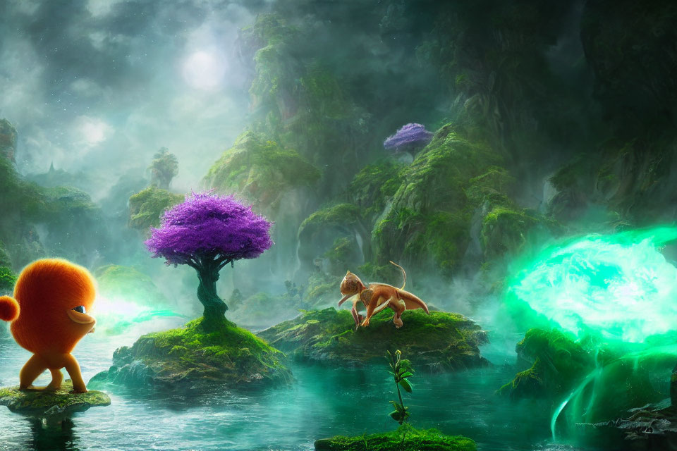 Fantasy landscape with lush greenery, mist, glowing lights, orange creature, lion cub