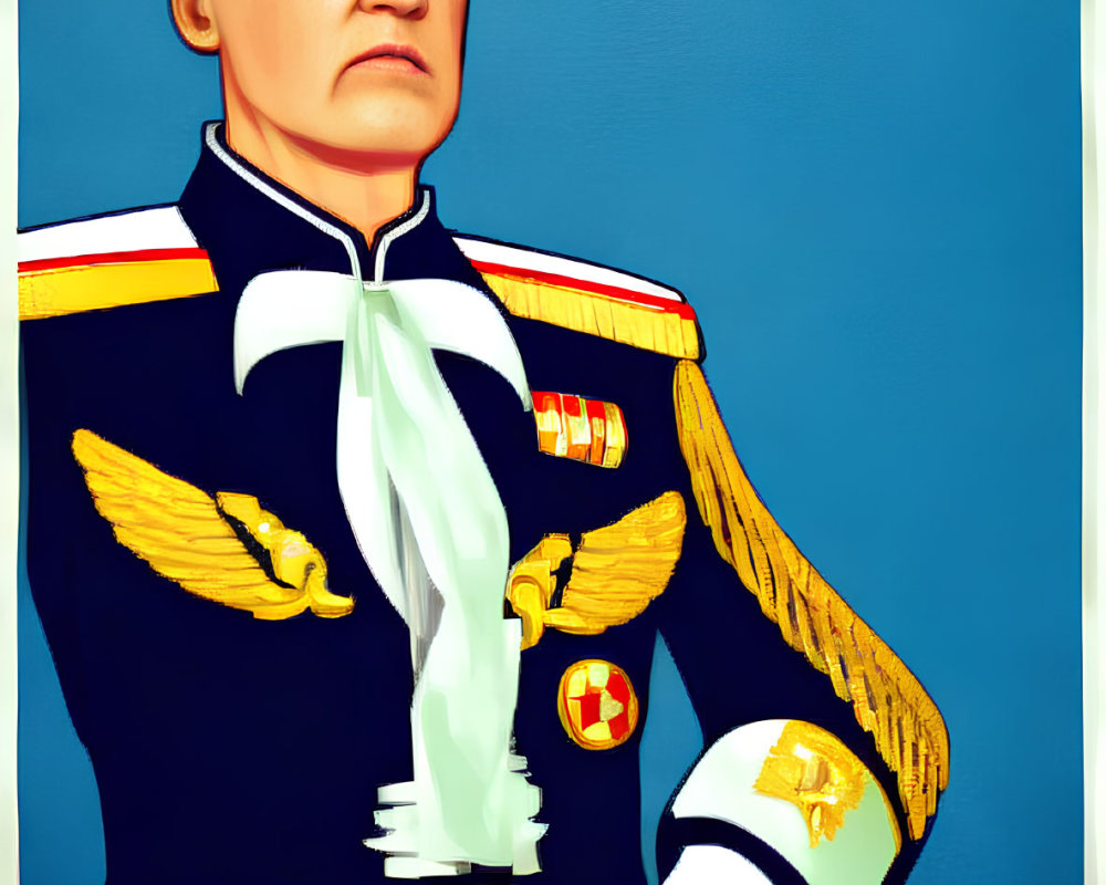 Illustration of aviation officer with medals, white scarf, and Cyrillic text on blue background.