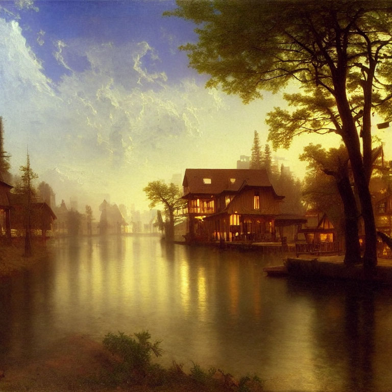 Tranquil river scene at dusk with traditional houses and trees reflecting in water.