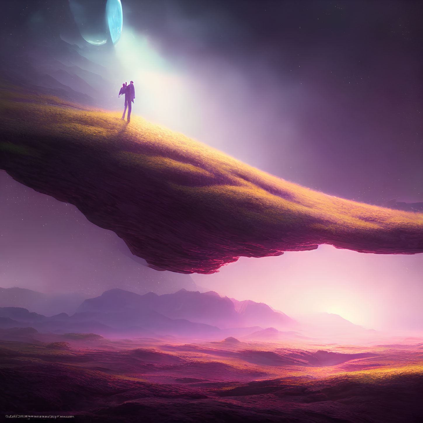 Silhouette of person on cliff under starry sky with celestial body and purple alien landscape