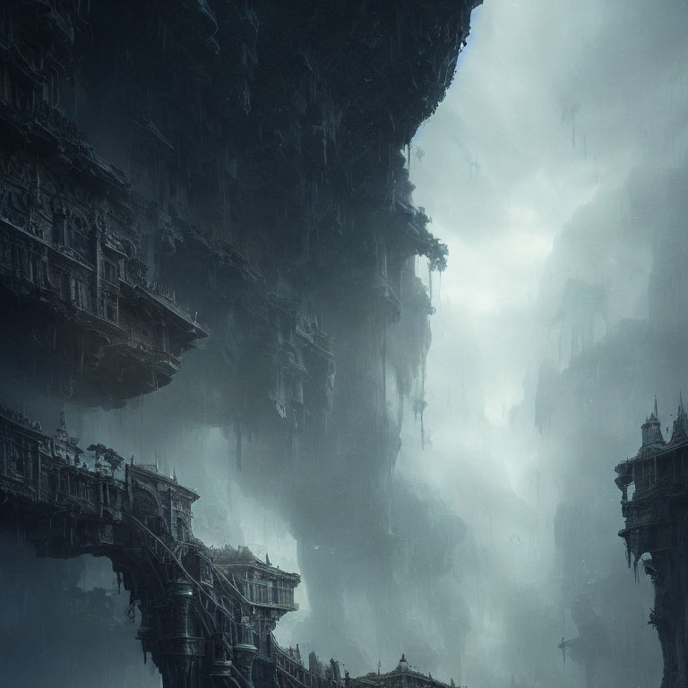 Ethereal fantasy landscape with towering, mist-shrouded structures