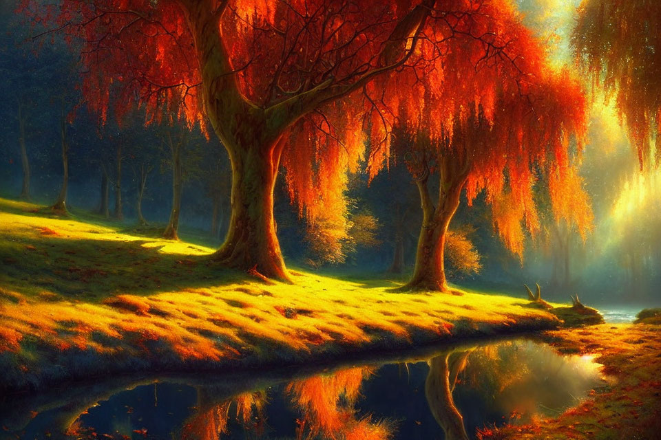 Tranquil Autumn Landscape with Weeping Willow Trees by Reflecting River