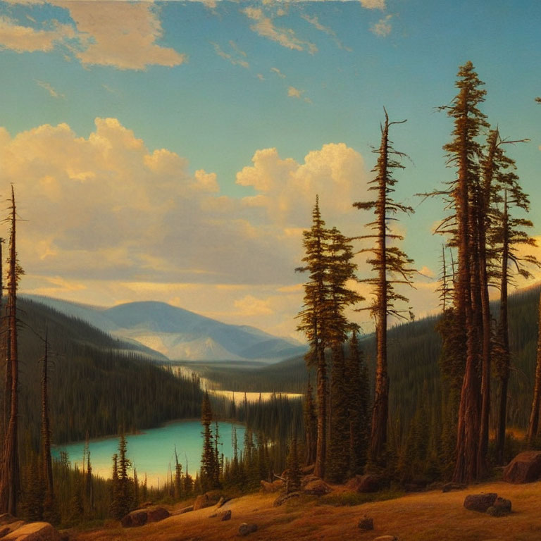 Tranquil forest scene with tall pine trees, blue lake, mountains, and golden sky