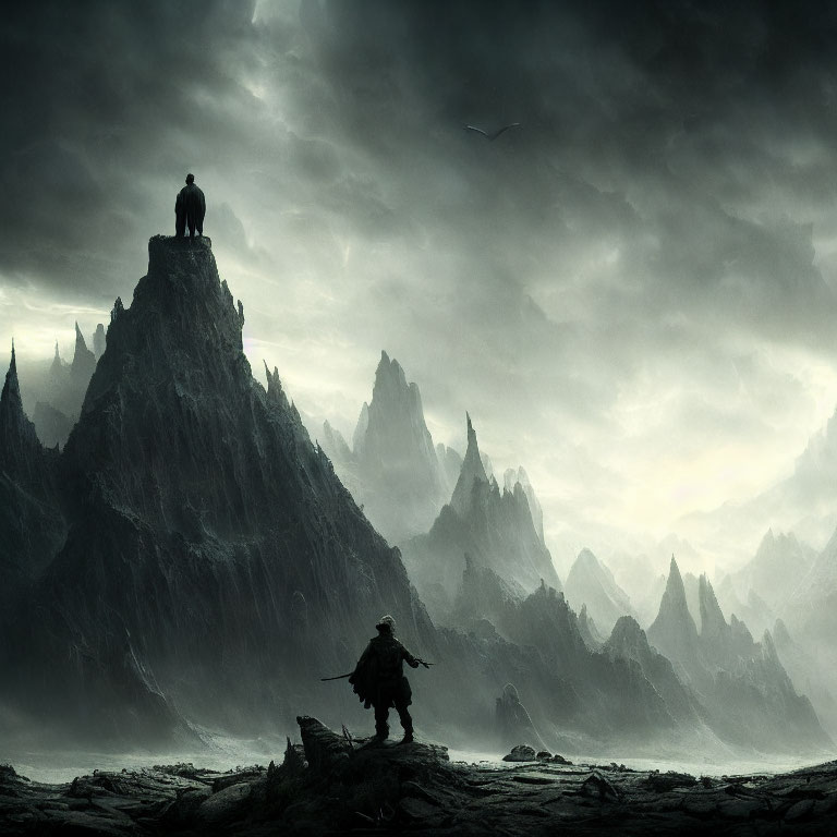 Silhouetted figures in dark landscape with stormy sky and jagged peaks