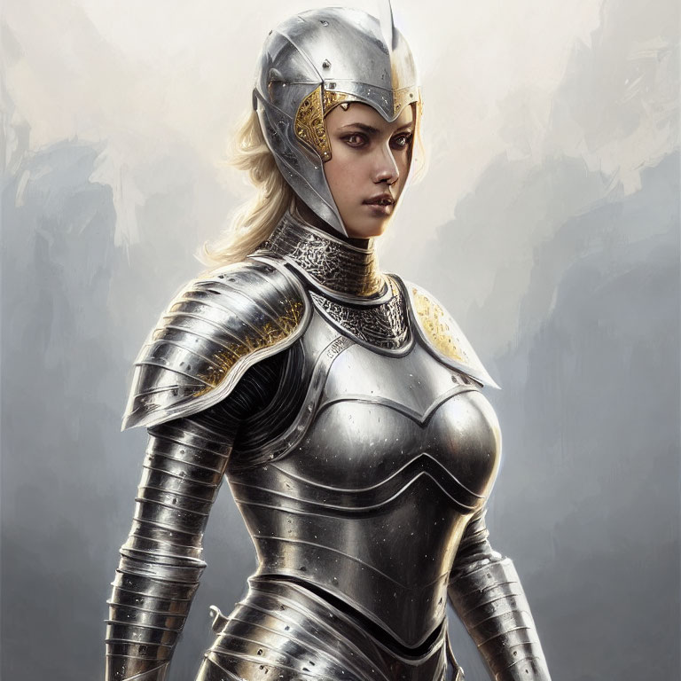 Female Warrior in Silver Armor and Golden Helmet Against Misty Mountains