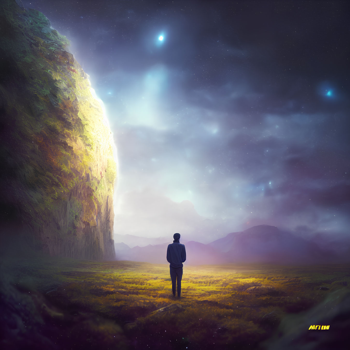 Figure in field gazes at starlit sky over towering cliffs at night and dawn.