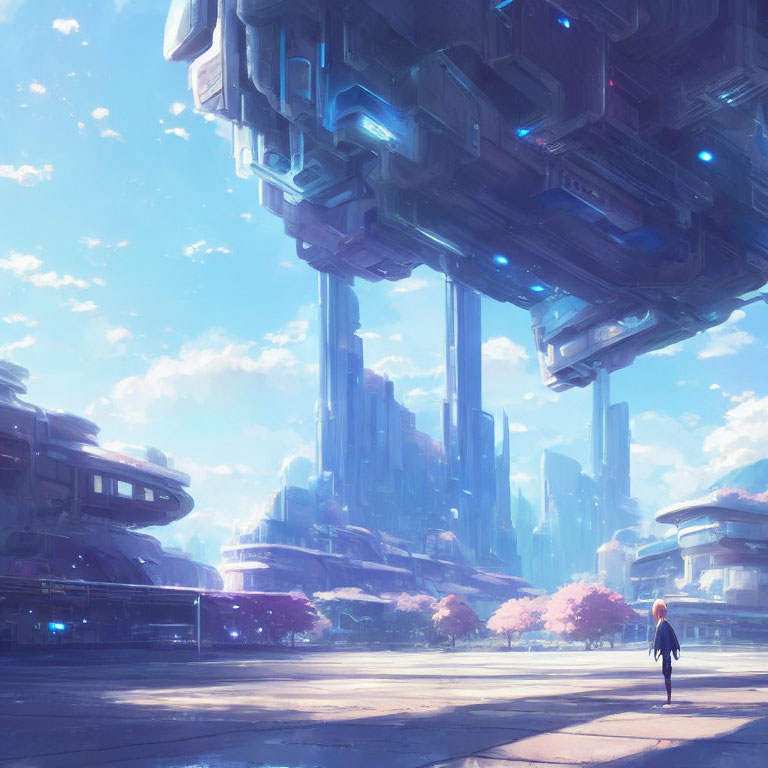 Futuristic cityscape with skyscrapers, floating structure, person, cherry blossom trees