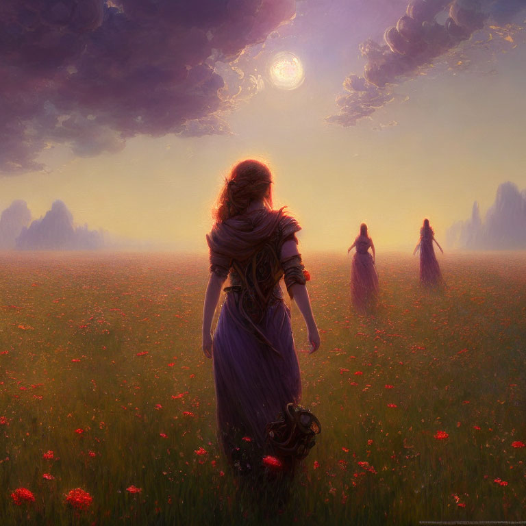 Artwork: Three Figures in Flower Field at Sunset