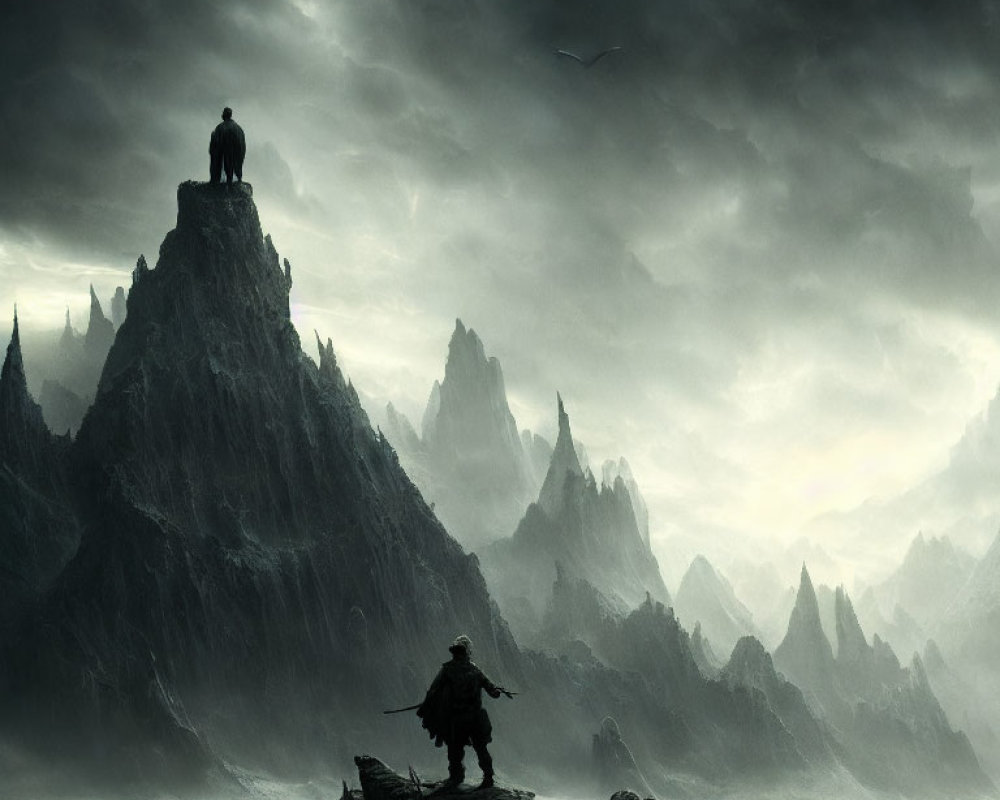 Silhouetted figures in dark landscape with stormy sky and jagged peaks