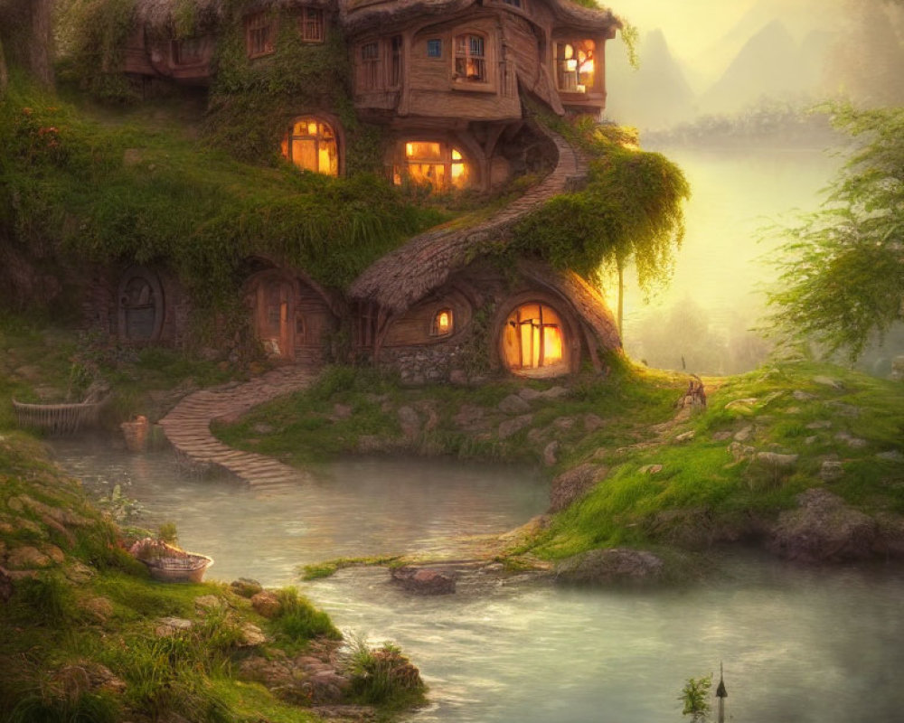 Thatched Riverside Hobbit-Style Homes in Twilight Landscape