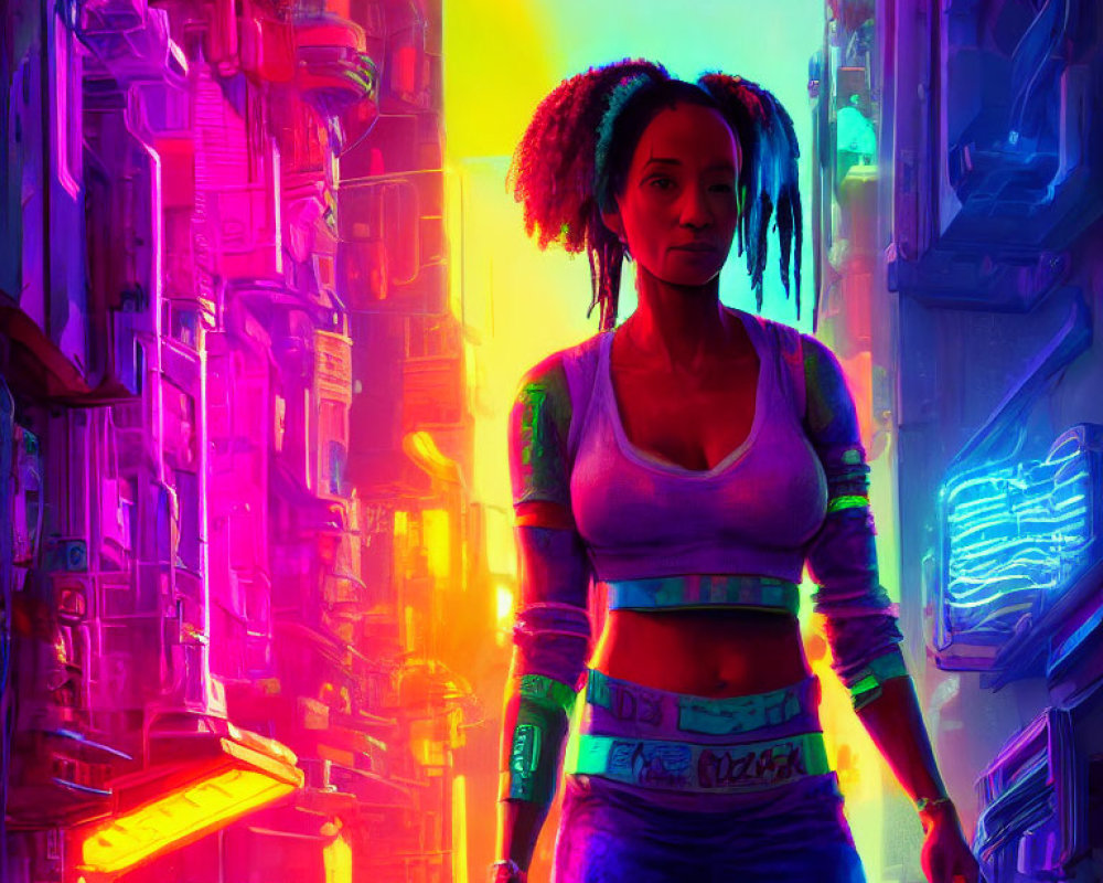 Woman with dreadlocks in neon-lit futuristic alley wearing casual futuristic clothing.