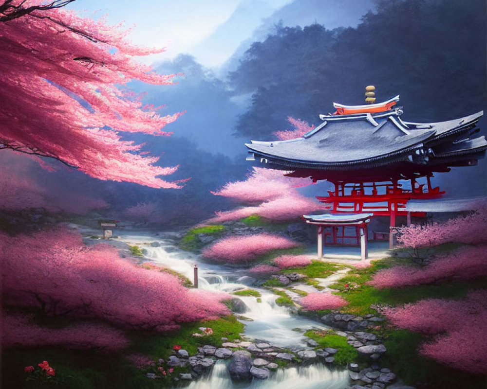 Tranquil landscape with cherry blossoms, traditional building, stream, and misty mountains