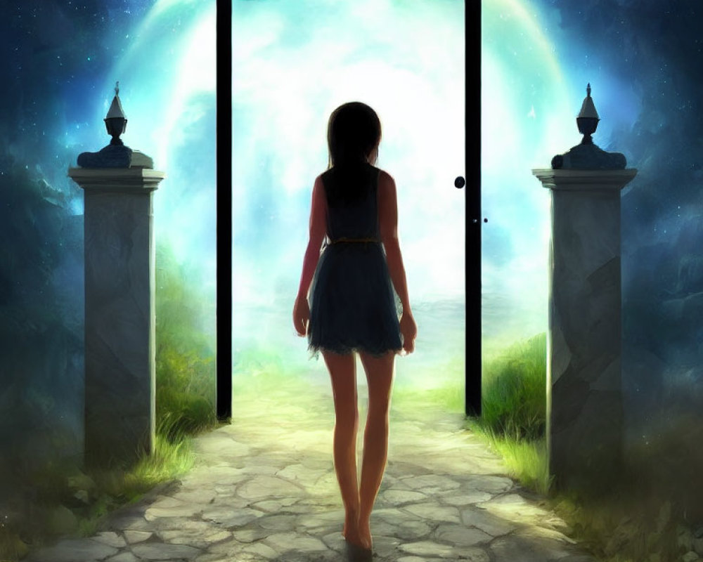 Girl standing before open doorway to luminous realm framed by stone pillars under twilight sky