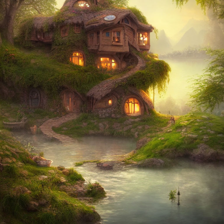 Thatched Riverside Hobbit-Style Homes in Twilight Landscape