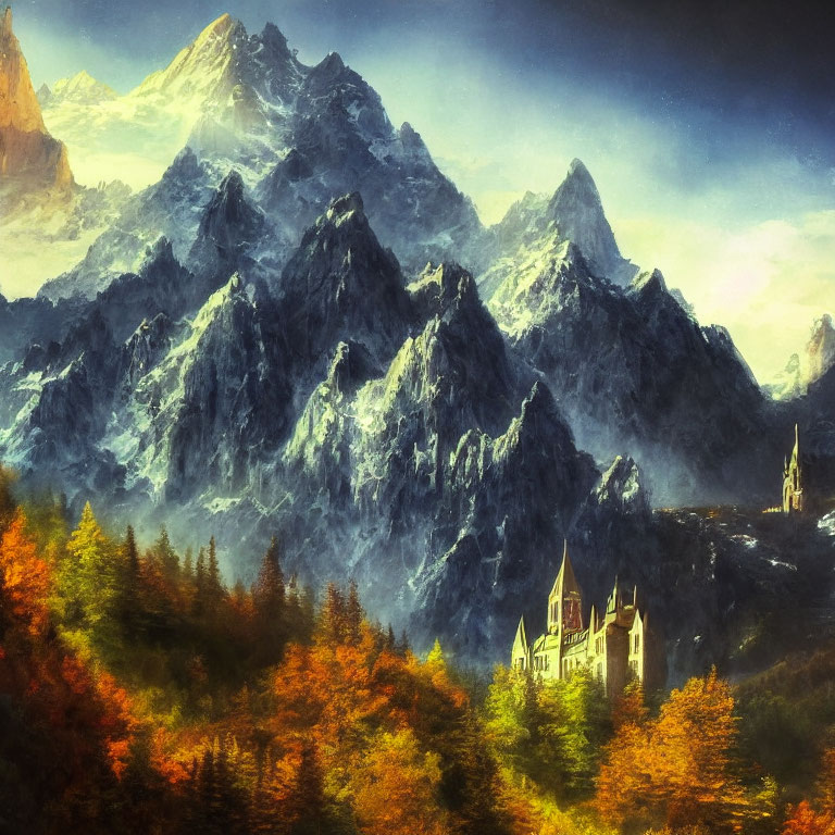 Majestic misty mountains, autumnal castle, ethereal light