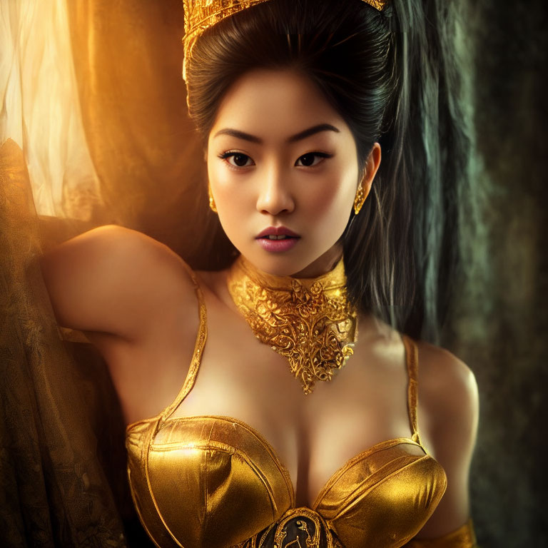 Regal woman in golden attire with traditional headpiece in warm light