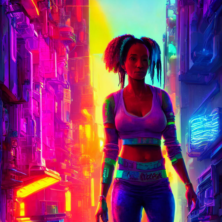 Woman with dreadlocks in neon-lit futuristic alley wearing casual futuristic clothing.