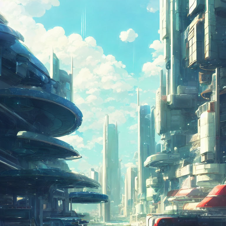 Futuristic cityscape with towering skyscrapers under clear blue sky