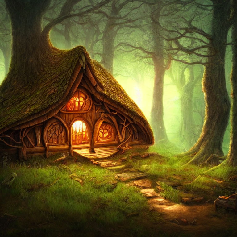 Enchanted cottage with thatched roof in mystical green forest