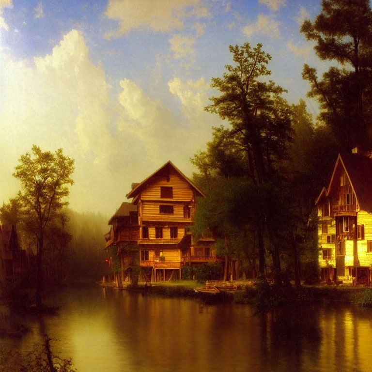 Tranquil Lake Scene: Rustic Wooden Houses, Lush Trees, Golden Light