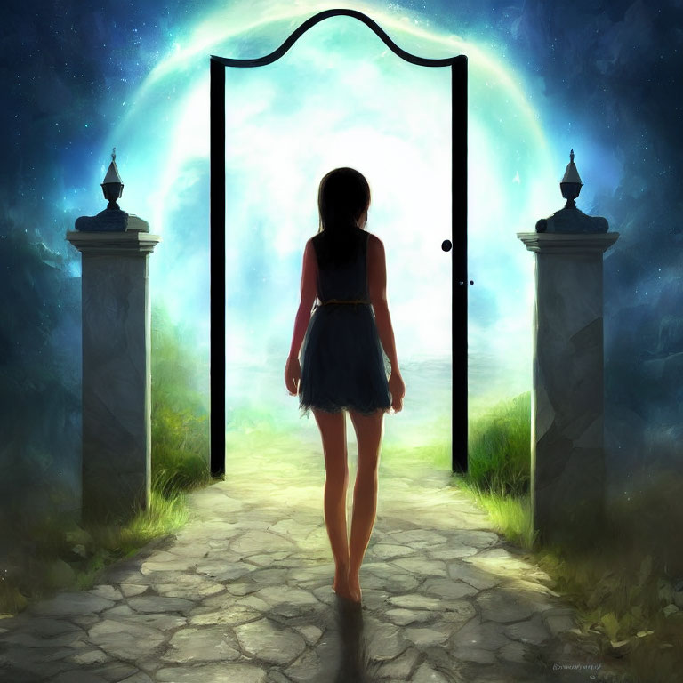 Girl standing before open doorway to luminous realm framed by stone pillars under twilight sky