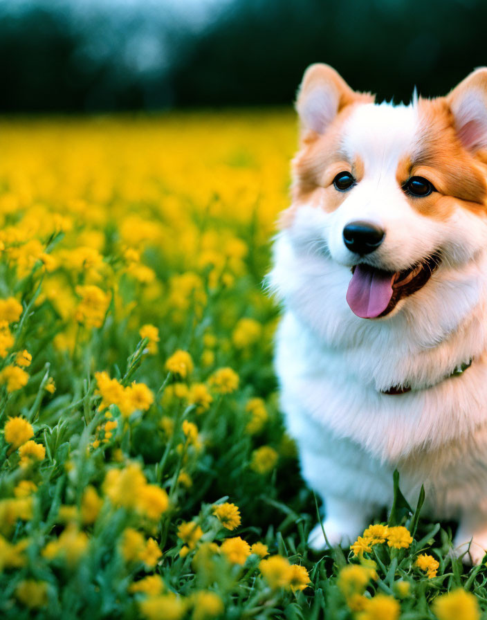 Happy Corgi Sitting in Field of Yellow Flowers with Pink Tongue Out