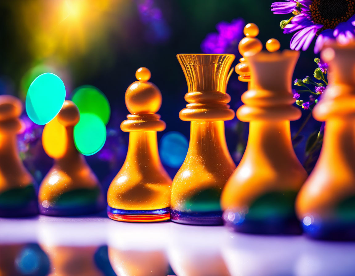 Colorful bokeh lights and purple flowers surround chess pieces