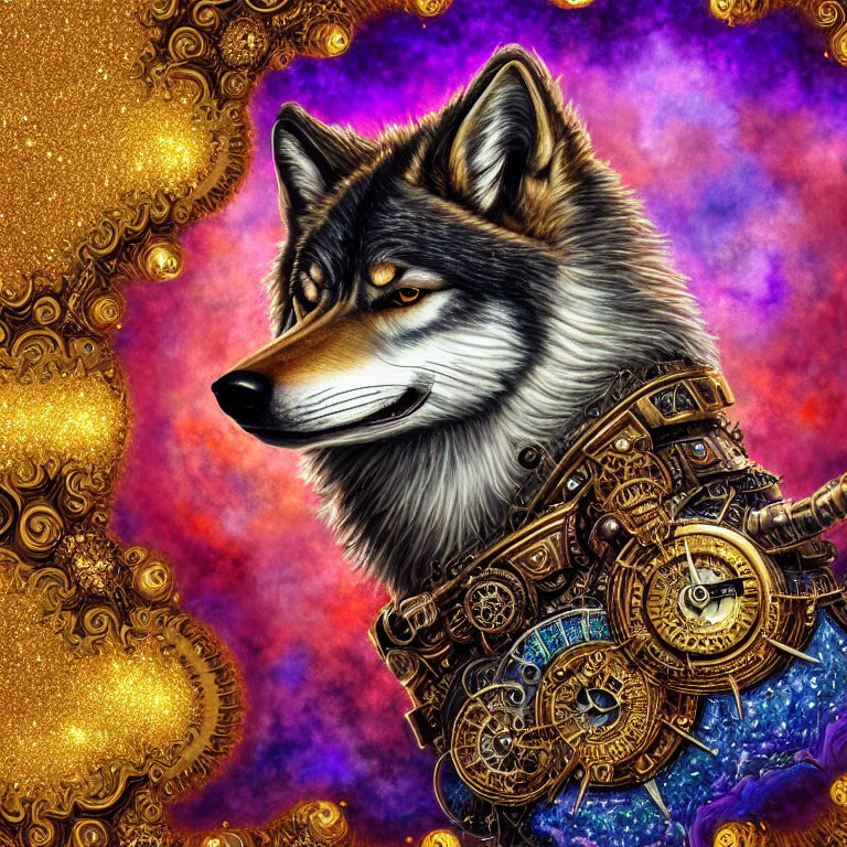 Detailed Steampunk Wolf Illustration with Cosmic Background