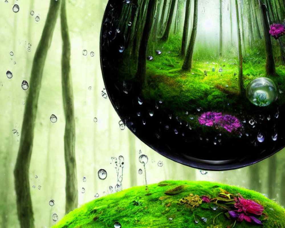 Bubble reflecting forest in dreamlike scene with moss and flowers.