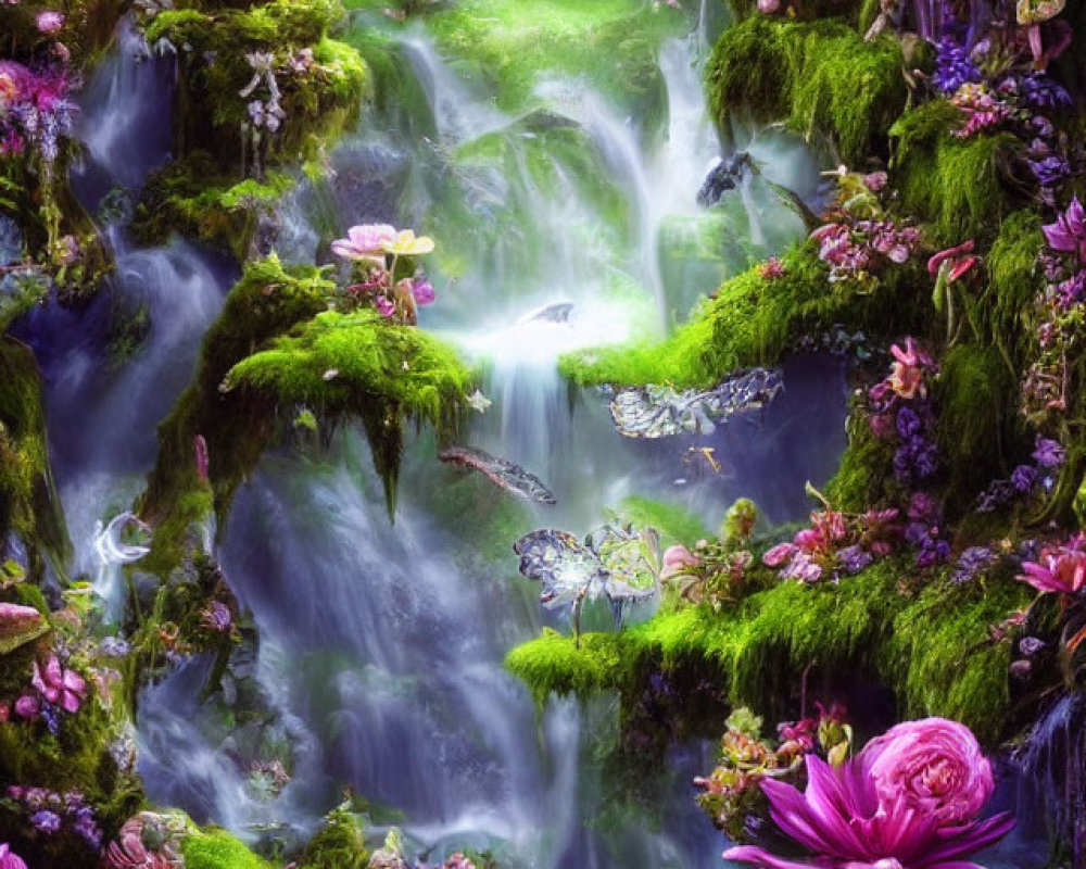 Vibrant fantasy waterfall in lush greenery with flowers, lanterns, and butterflies