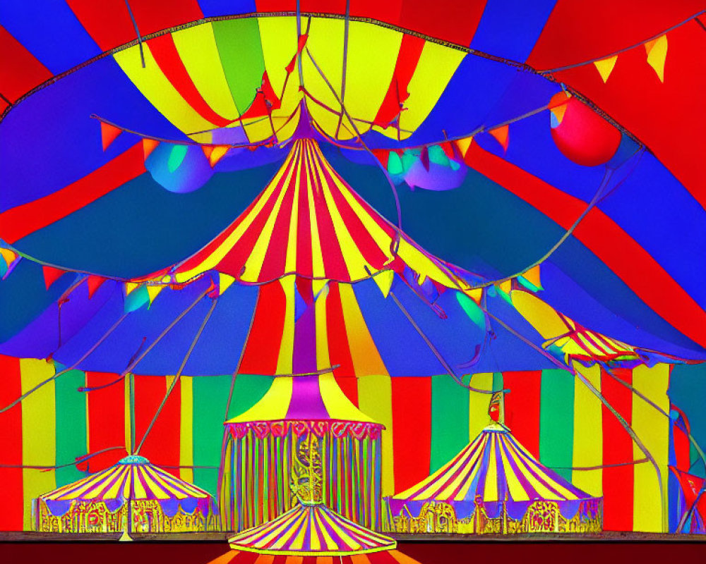 Colorful Circus Scene Illustration with Central Tent and Blue Background