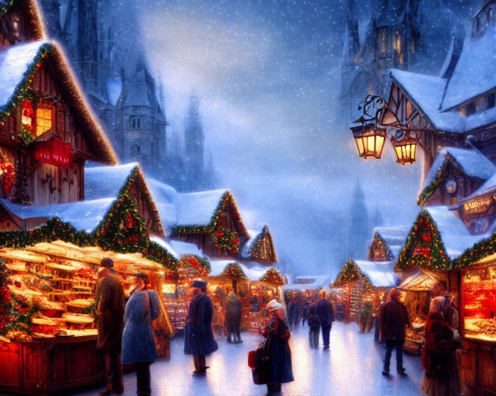 Snowy Christmas market scene with festive stalls and people browsing under evening sky