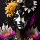 Dark-skinned woman with gold and black floral motifs on dark background