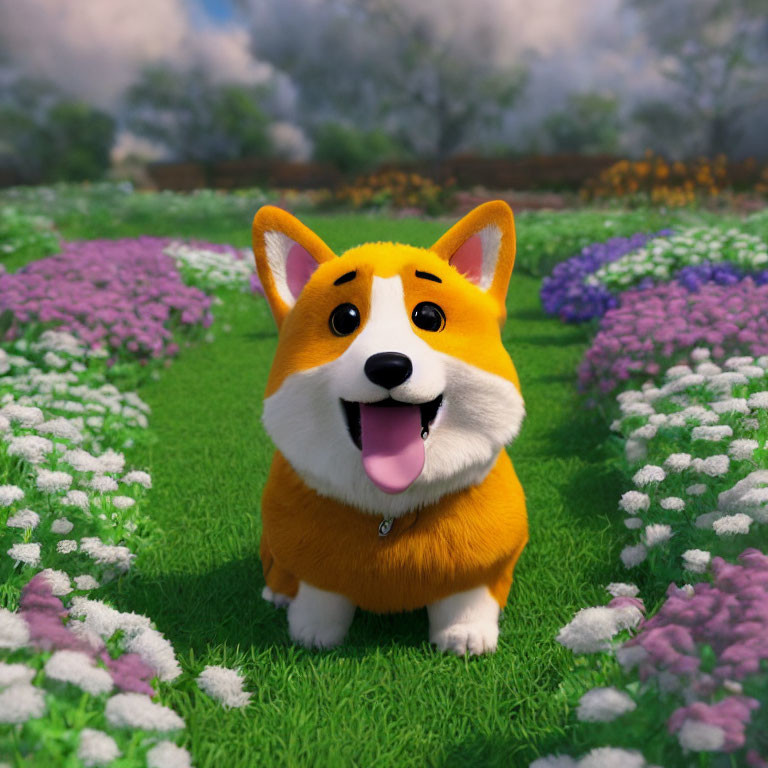 Colorful Flower Garden Scene with Happy Corgi in 3D Animation