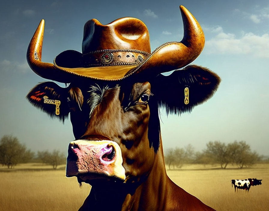 Cow wearing cowboy hat in dry field with another cow.