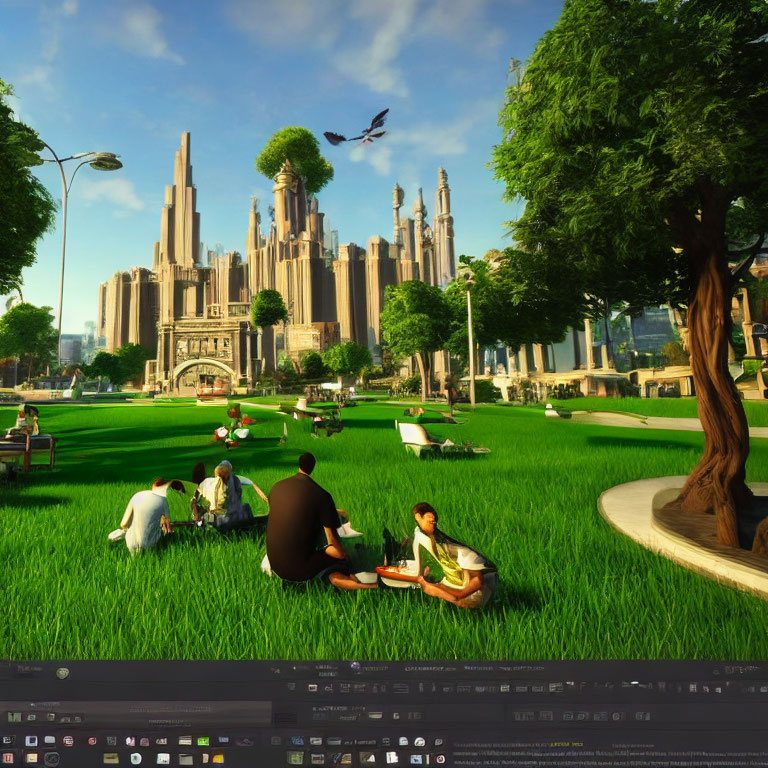 3D-rendered city park scene with people, skyscrapers, and blue sky