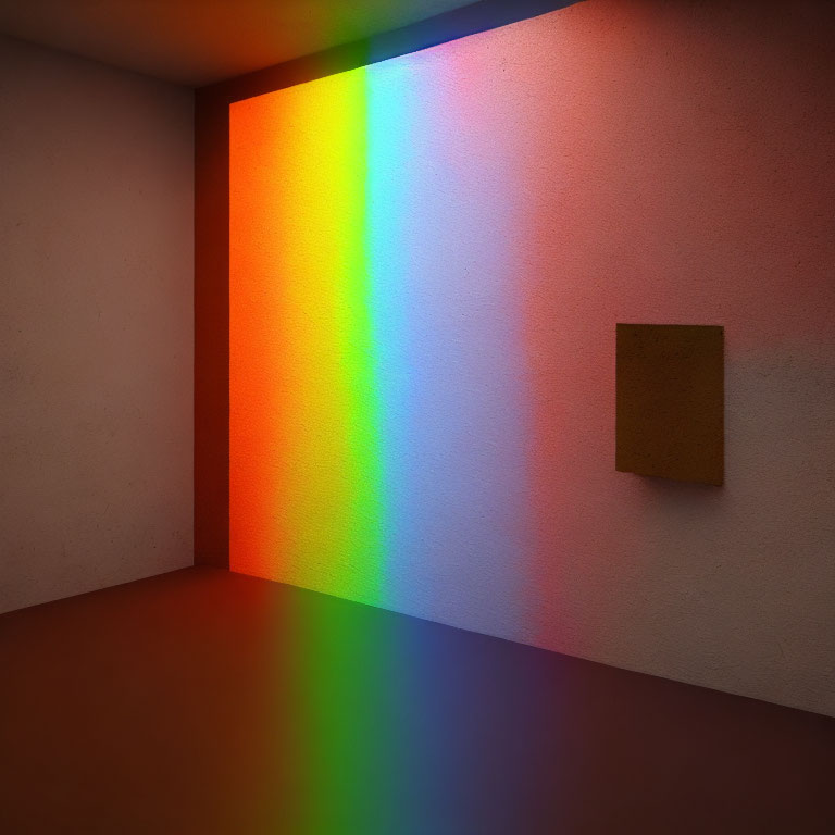 Colorful rainbow projection in room with cork bulletin board