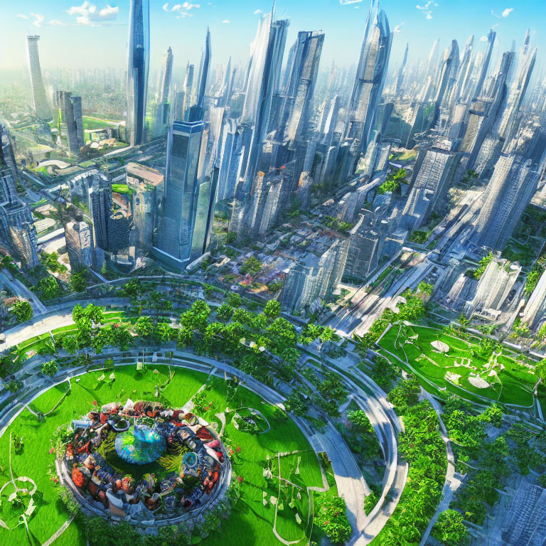 Futuristic cityscape with skyscrapers, parks, and advanced infrastructure