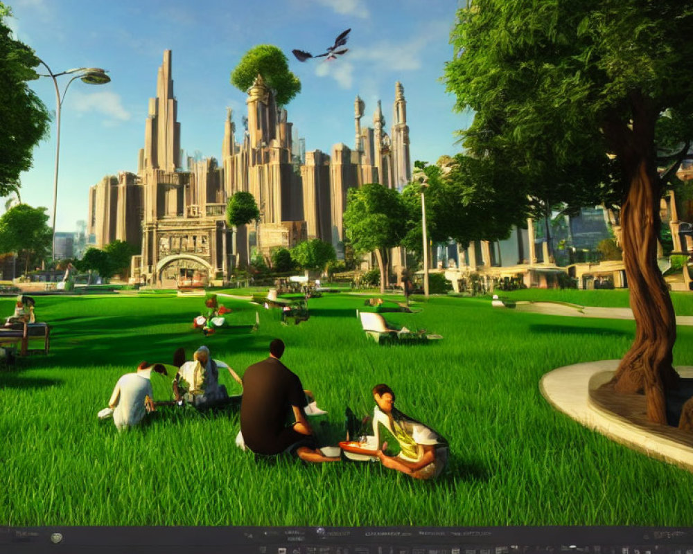 3D-rendered city park scene with people, skyscrapers, and blue sky