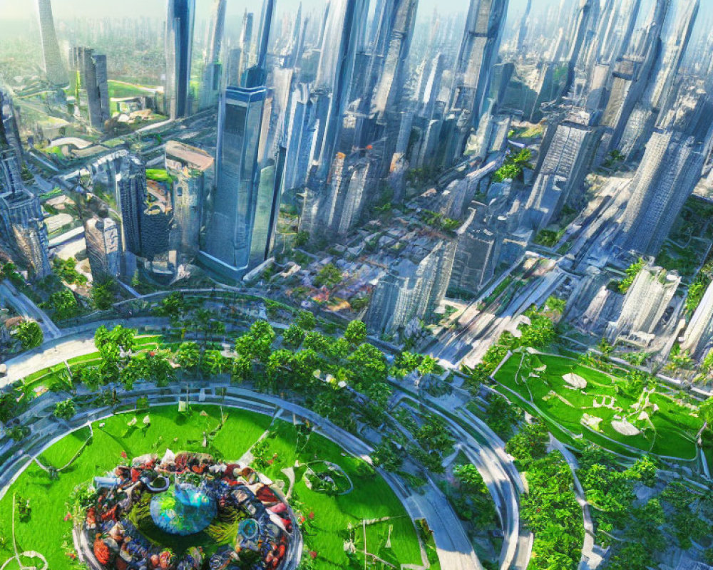 Futuristic cityscape with skyscrapers, parks, and advanced infrastructure