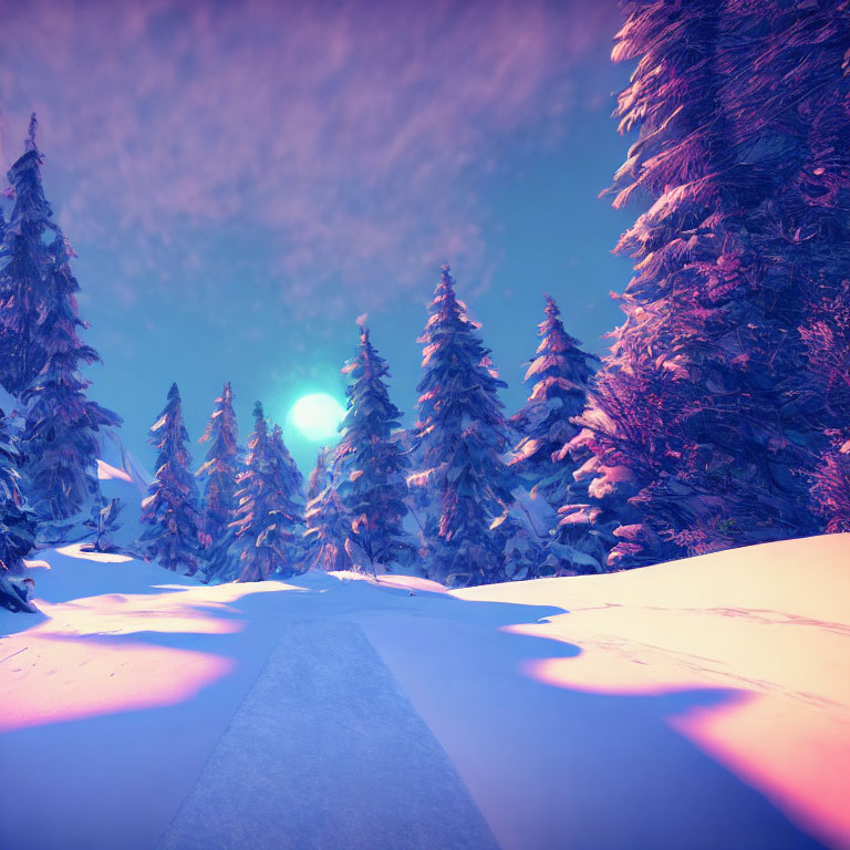 Winter Scene: Snowy Dusk Landscape with Pine Trees and Footprints
