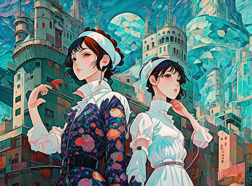 Two women in traditional attire with fantastical cityscape backdrop.